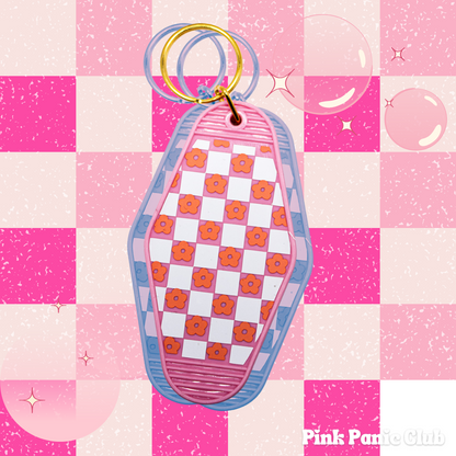 Checkerboard and Flowers Motel Keychain