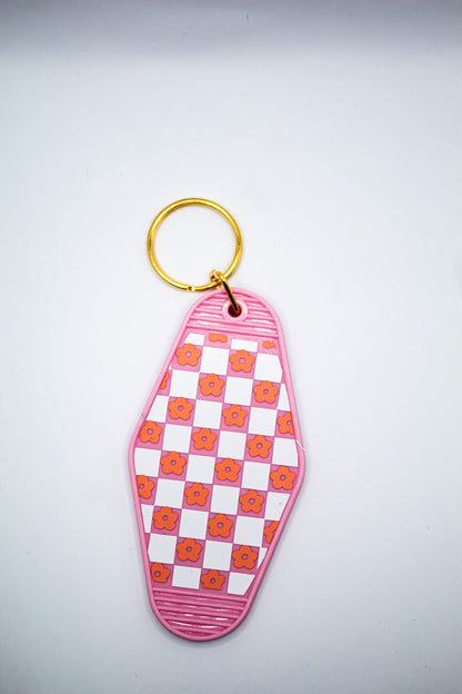 Checkerboard and Flowers Motel Keychain