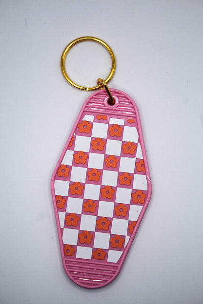 Checkerboard and Flowers Motel Keychain