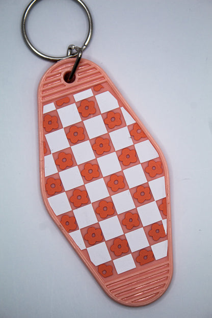 Checkerboard and Flowers Motel Keychain