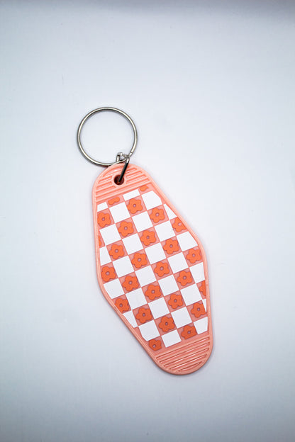 Checkerboard and Flowers Motel Keychain