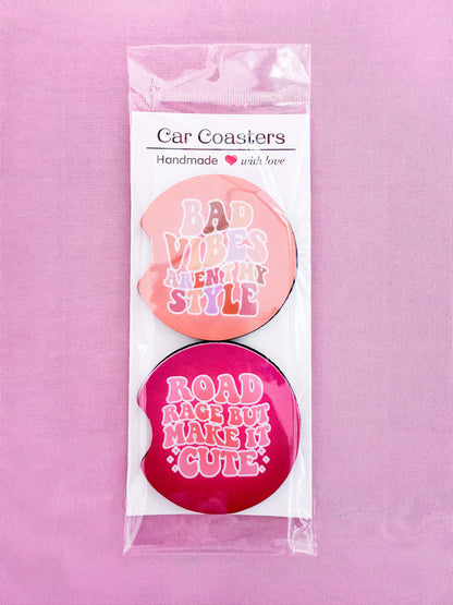 Bad Vibes Aren't My Style & Road Rage But Make It Cute Car Coasters