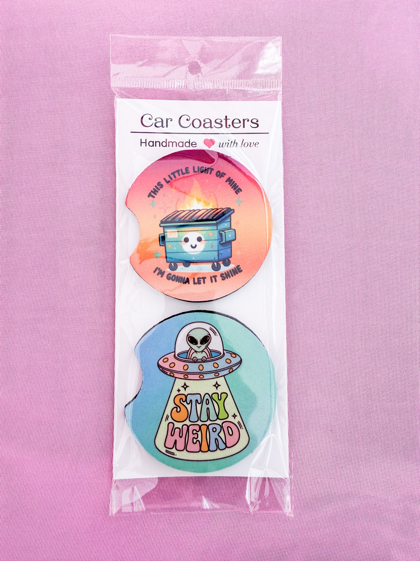 Dumpster Fire & Stay Weird Car Coasters