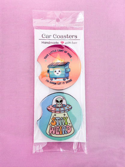 Dumpster Fire & Stay Weird Car Coasters