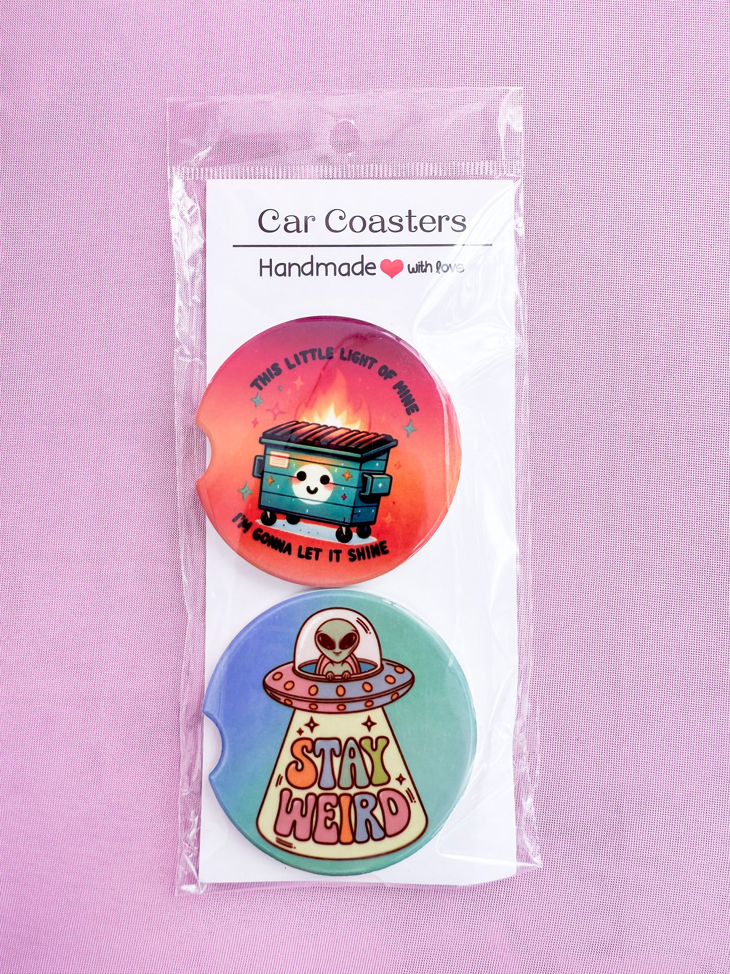 Dumpster Fire & Stay Weird Car Coasters