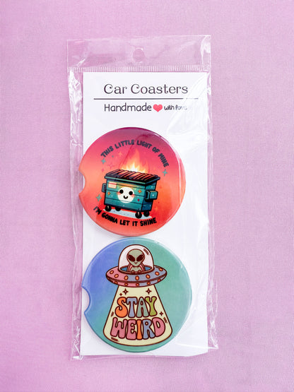 Dumpster Fire & Stay Weird Car Coasters
